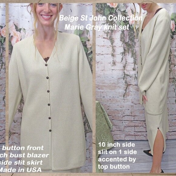 42" bust blazer & skirt set VTG beige St John Knit Collection Marie Gray classic - Picture 8 of 13